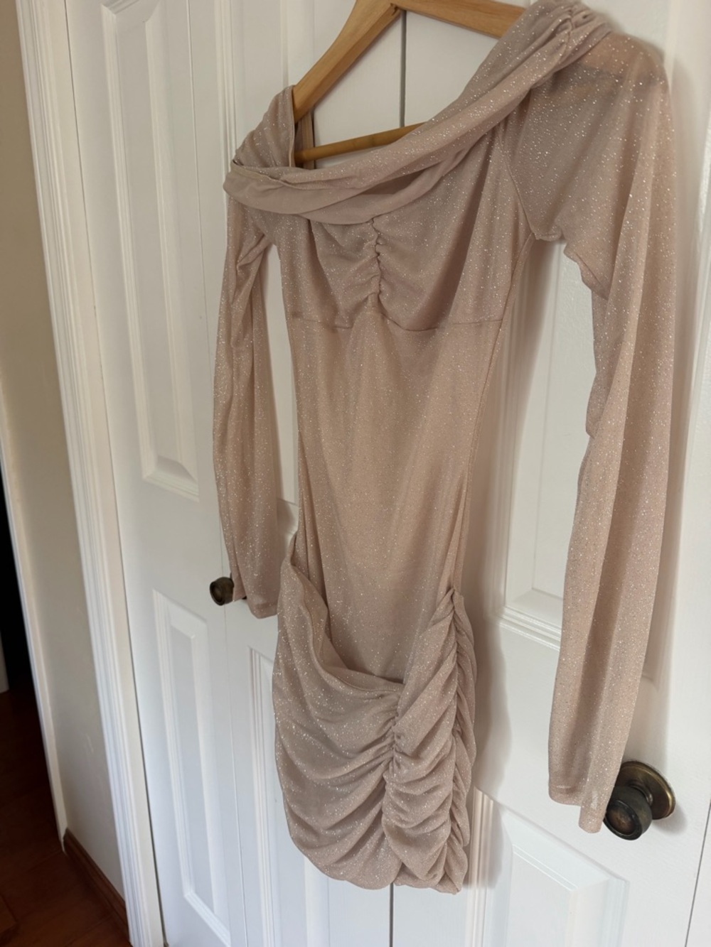 White Fox Boutique Off-Shoulder Ruched Bodycon Mini Dress - Light Beige - Picture 4 of 5